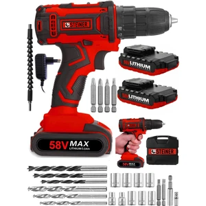 Germany Technology Cooper 58 V 5 Ah Darbeli Metal Şanzıman Şarjlı Çift Akülü Vidalama Matkap Kırmızı + Set