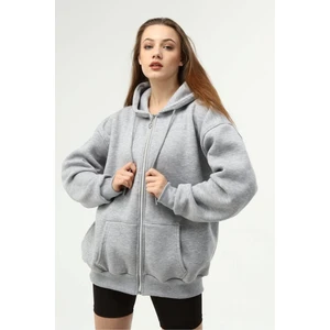 Gri Kapüşonlu Fermuarlı Oversize Şardonlu Örme Sweatshirt