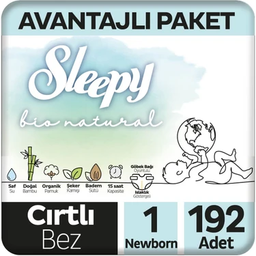 Sleepy Bio Natural Avantajlı Paket Bebek Bezi 1 Numara Yenidoğan 192