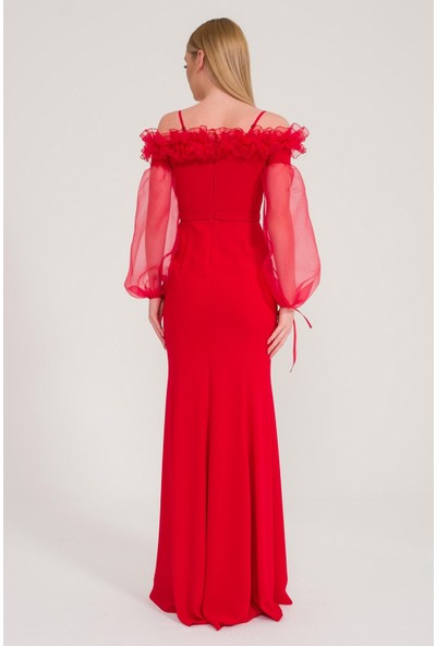 SpringStore Kırmızı Balon Kol Krep Abiye Elbise
