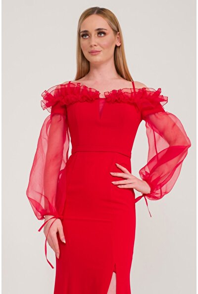 SpringStore Kırmızı Balon Kol Krep Abiye Elbise