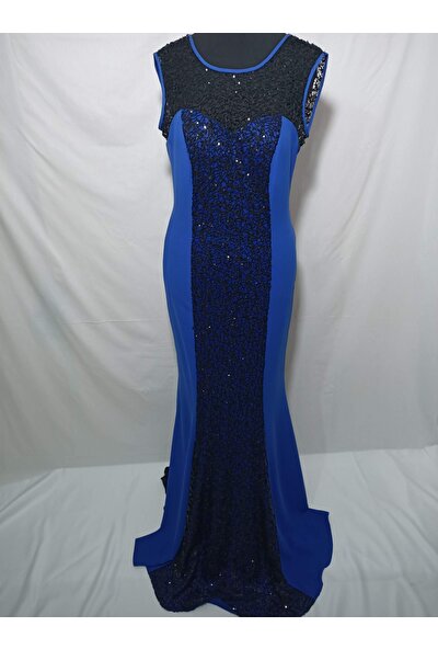 Mavi Siyah Uzun Payetli Abiye Elbise