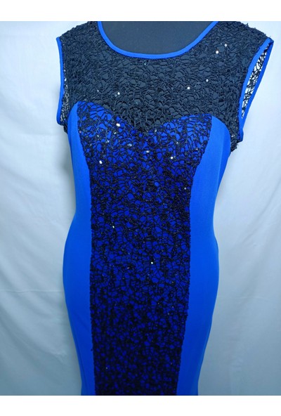 Mavi Siyah Uzun Payetli Abiye Elbise