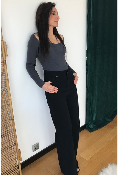 4 Sisters Fashion Siyah Yüksek Bel Wide Leg Jean