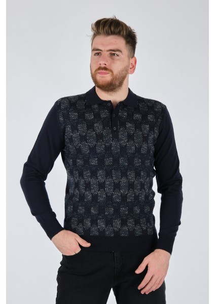 Minimalist Geometrik Desen Erkek Uzun Kol Triko Kazak