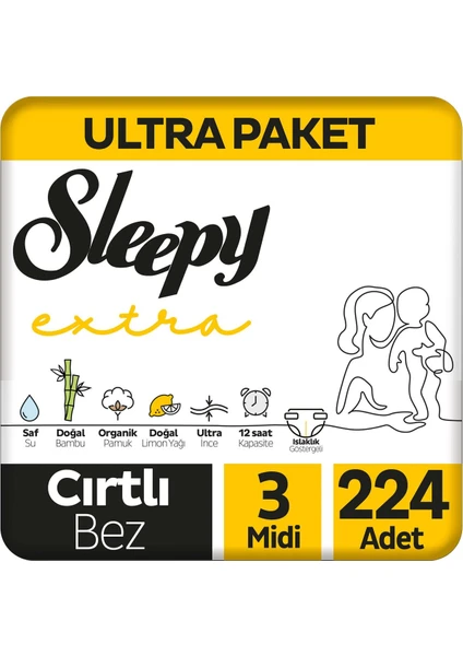 Extra Günlük Aktivite Ultra Paket Bebek Bezi 3 Numara Midi 224 Adet