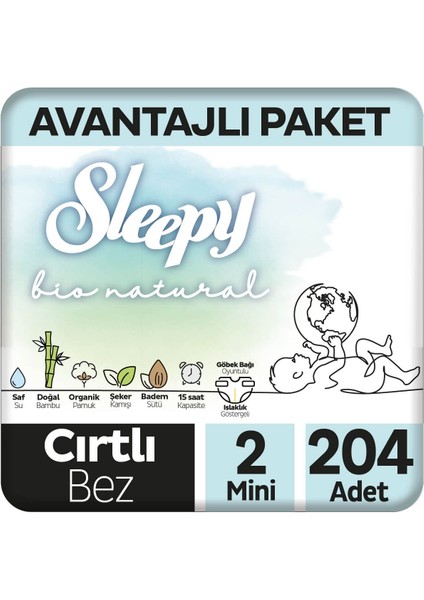 Bio Natural Avantajlı Paket Bebek Bezi 2 Numara Mini 204 Adet