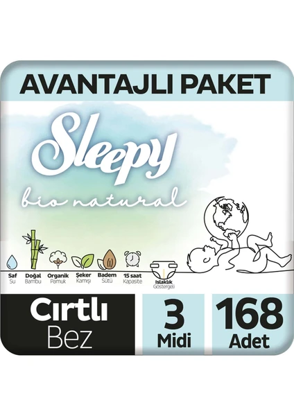 Bio Natural Avantajlı Paket Bebek Bezi 3 Numara Midi 168 Adet