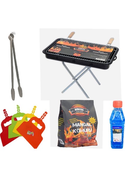 Emaye Mangal+Maşa+Yelpaze+Jel+Kömür Mangal Seti Barbekü Seti Piknik Malzemeleri
