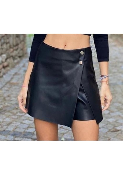 Kadın Fermuarlı Suni Deri Şort Etek