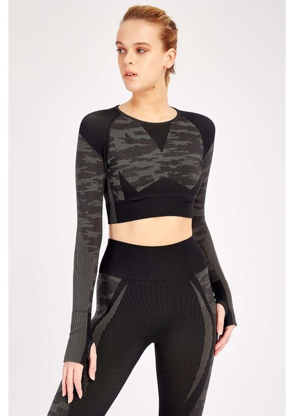 Siyah Kadın Dokulu Seamless Dikişsiz Uzun Kollu Crop Top