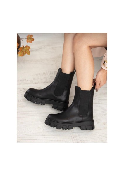 Kadın Siyah Kalın Taban Kenarı Lastikli Yarım Postal Hafif Kışlık Günlük Casual Bot Bootie