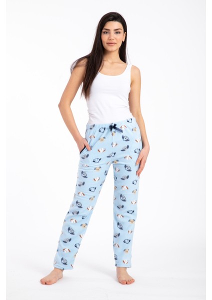 Kadın 450-11 Köpek Desenli Cepli Polar Tek Alt Mavi