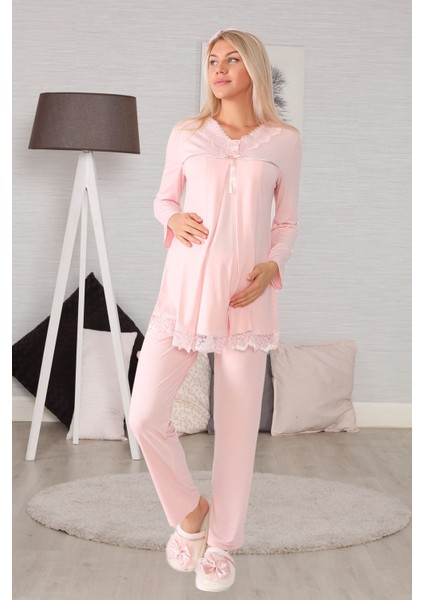 6032 Pudra Gizli Emzirme Özellikli Lohusa Pijama Takımı