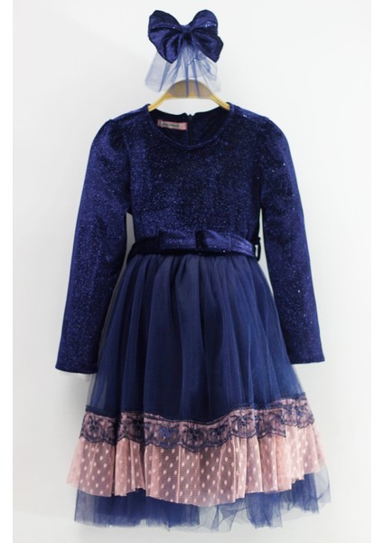 Asortik Kız Çocuk Kadife Kumaş Tül Detaylı Diz Boyu Tokalı Elbise-ELB-0003