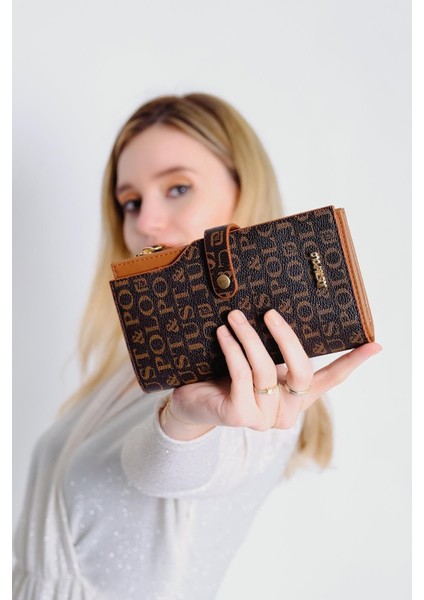 Kadın Kahve Taba 20 Kart Kapasiteli Gofraj Baskılı Çıtçıt ve Fermuar Kapama Kartlık Cüzdan