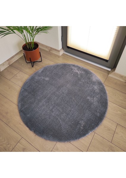 Yuvarlak Peluş Halı Pofuduk Puffy Kaymaz Taban Antrasit