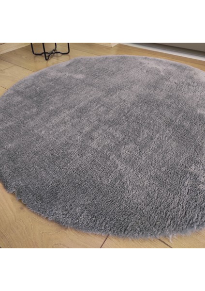Yuvarlak Peluş Halı Pofuduk Puffy Kaymaz Taban Antrasit