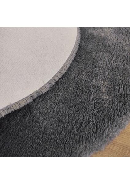 Yuvarlak Peluş Halı Pofuduk Puffy Kaymaz Taban Antrasit