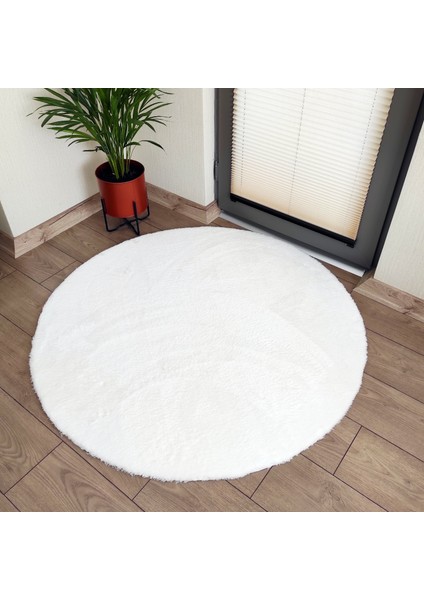 Yuvarlak Peluş Halı Pofuduk Puffy Kaymaz Taban Beyaz
