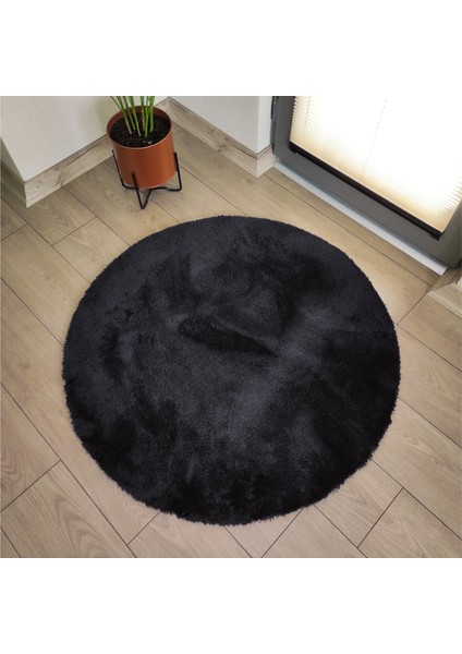 Yuvarlak Peluş Halı Pofuduk Puffy Kaymaz Taban Siyah