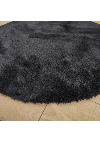 Yuvarlak Peluş Halı Pofuduk Puffy Kaymaz Taban Siyah