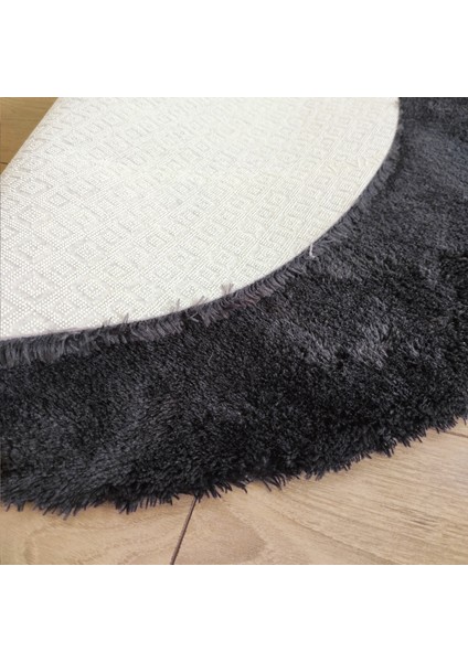 Yuvarlak Peluş Halı Pofuduk Puffy Kaymaz Taban Siyah