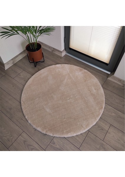 Yuvarlak Peluş Halı Pofuduk Puffy Kaymaz Taban Vizon