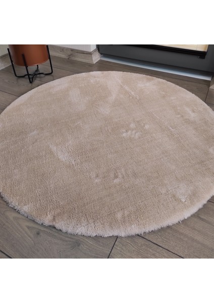 Yuvarlak Peluş Halı Pofuduk Puffy Kaymaz Taban Vizon