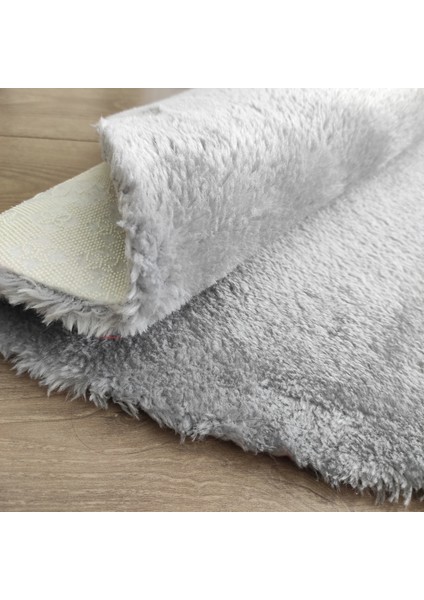 Yuvarlak Peluş Halı Pofuduk Puffy Kaymaz Taban Açık Gri