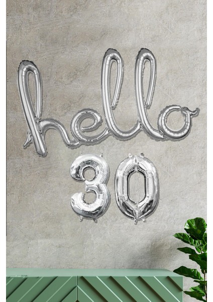 30 Yaş Doğum Günü Balonları - Hello 30 El Yazısı Gümüş Renk Folyo Balon