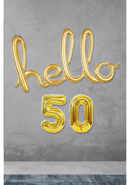 50 Yaş Doğum Günü Balonları - Hello 50 El Yazısı Gold Renk Folyo Balon