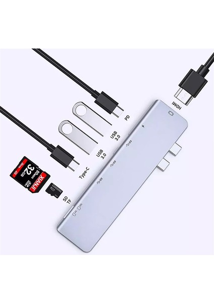 USB-C 7 In 1 Multiport Alüminyum HDMI Dönüştürücü, 2xUSB 3.0 Hub, Kart Okuyucu, 2xUSB C