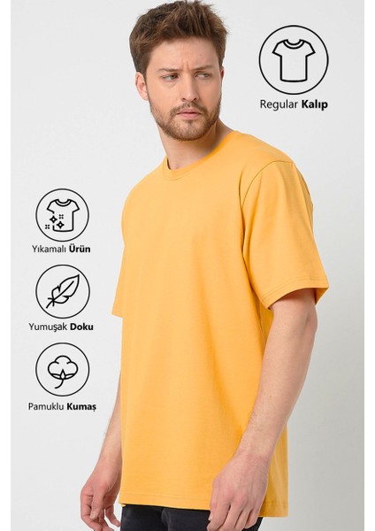 Sarı Basic Erkek Bisiklet Yaka Long Kalıp Kısa Kollu T-Shirt