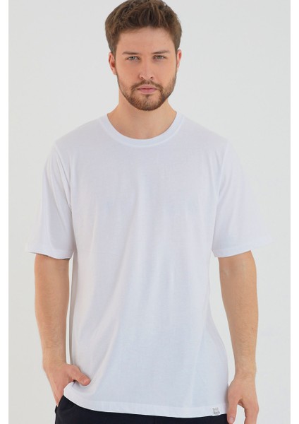 Beyaz Basic Erkek Bisiklet Yaka Long Kalıp Kısa Kollu T-Shirt