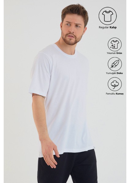 Beyaz Basic Erkek Bisiklet Yaka Long Kalıp Kısa Kollu T-Shirt modelleri