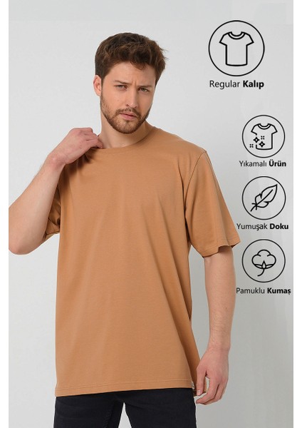 Kahverengi Basic Erkek Bisiklet Yaka Long Kalıp Kısa Kollu T-Shirt modelleri