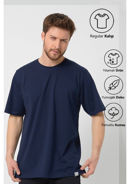 Lacivert Basic Erkek Bisiklet Yaka Long Kalıp Kısa Kollu T-Shirt