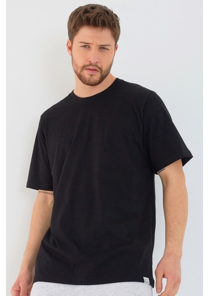 Siyah Basic Erkek Bisiklet Yaka Long Kalıp Kısa Kollu T-Shirt