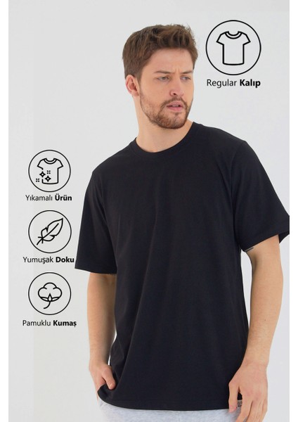 Siyah Basic Erkek Bisiklet Yaka Long Kalıp Kısa Kollu T-Shirt