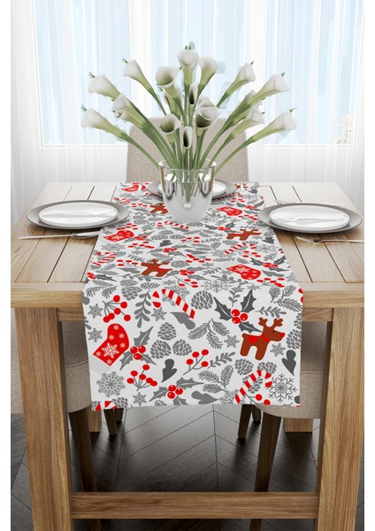 Kırmızı Gri Yılbaşı Temalı Dijital Baskılı Runner CGH918-RN