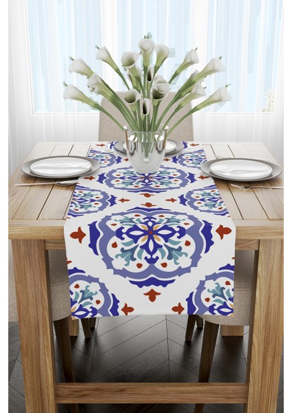 Beyaz Mavi Modern Etnik Karo Desenli Dijital Baskılı Runner CGH574-RN