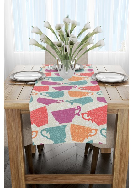 Pembe Turuncu Dekoratif Fincan Desenli Dijital Baskılı Runner CGH621-RN