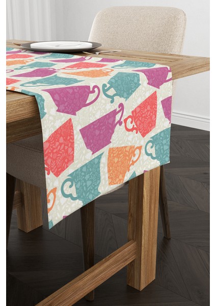 Pembe Turuncu Dekoratif Fincan Desenli Dijital Baskılı Runner CGH621-RN fiyatları