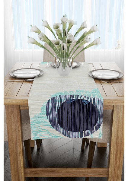 Krem Mavi Modern Desenli Dijital Baskılı Runner CGH929-RN