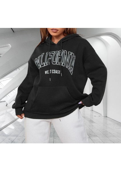 Kapüşonlu Calıfornıa Göğüs Baskılı Çok Kalın Oversize Yeni Stil Kadın Sweatshirt