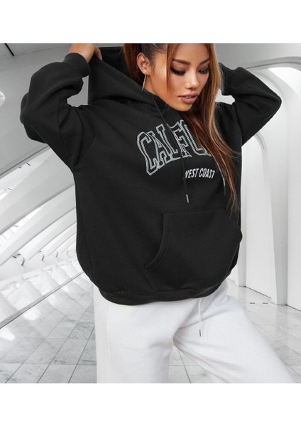 Kapüşonlu Calıfornıa Göğüs Baskılı Çok Kalın Oversize Yeni Stil Kadın Sweatshirt modelleri