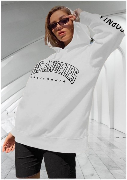 Kapüşonlu Calıfornıa Los Angeles Baskılı Tam Kışlık Oversize Kadın Trend Sweatshirt