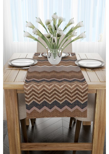 Kahverengi Etnik Zikzak Desenli Dijital Baskılı Runner CGH932-RN