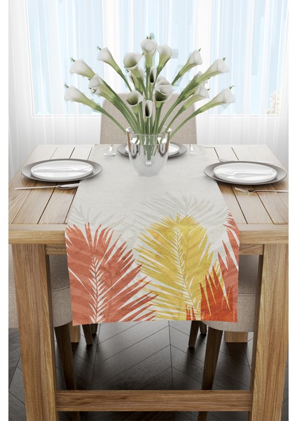 Turuncu Sarı Tropikal Yaprak Desenli Dijital Baskılı Runner CGH937-RN